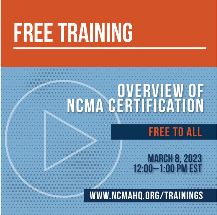 FREE WEBINAR ALERT 🚨 Get all your certification questions answered live by the NCMA Certification team! Join us on Wednesday, March 8th for this free event! 👉👉 REGISTER TODAY! buff.ly/3DXJBWM 
#ncma #education