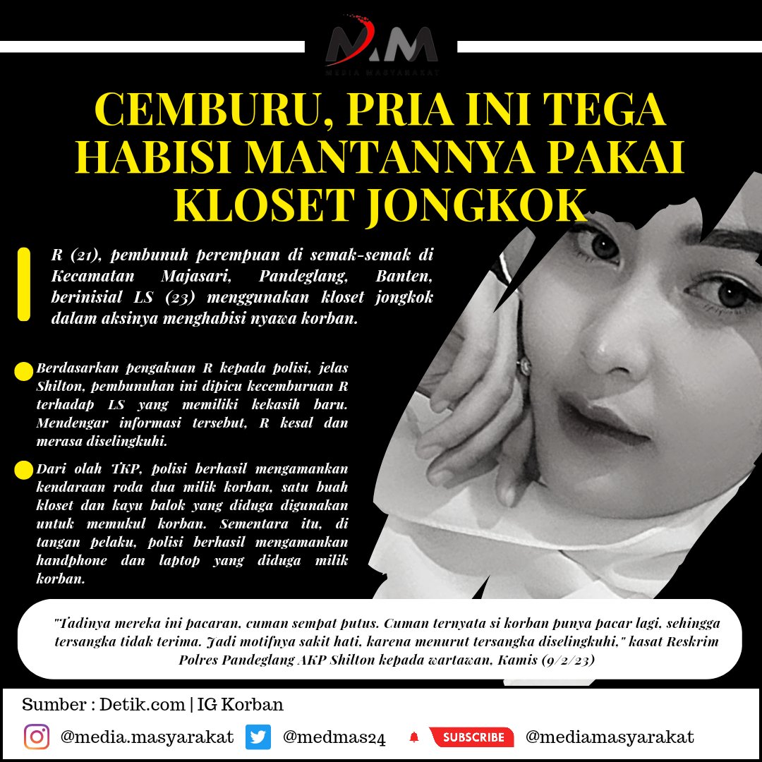 medmas24's tweet photo. CEMBURU, PRIA INI TEGA HABISI MANTANNYA PAKAI KLOSET JONGKOK! 
https://t.co/i95GbxoVwL

#pembunuhanpandeglang #kriminal #pembunuhandipandeglang #BreakingNews #beritaViral #mediamasyarakat https://t.co/7L080XiRKh