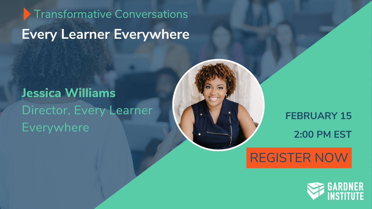 Every Learner Everywhere Network (@everylearnernet) on Twitter photo Every Learner Director, <a href="/DrJessWilliams/">Jessica R. Williams, Ph.D</a> is joining the <a href="/jnginstitute/">Gardner Institute</a> for a Transformative Conversation on February 15.
Register for the free conversation here: ow.ly/OBsC50MPjRW
#HigherEducation #TransformativeConversation Every Learner Director, <a href="/DrJessWilliams/">Jessica R. Williams, Ph.D</a> is joining the <a href="/jnginstitute/">Gardner Institute</a> for a Transformative Conversation on February 15.
Register for the free conversation here: ow.ly/OBsC50MPjRW
#HigherEducation #TransformativeConversation