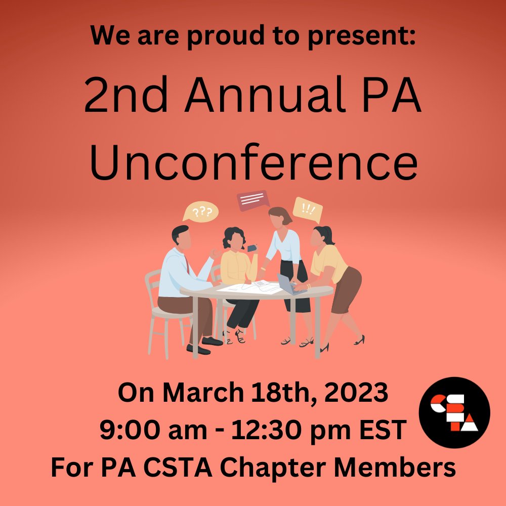 CSTA Susquehanna Valley (@cstasusquehanna) on Twitter photo Register for the Unconference: solutionwhere.com/wwpattan/Aspx/…
Get your free <a href="/csteachersorg/">CS Teachers Association (CSTA)</a> National and Regional memberships: csteachers.org/page/individua…
#CSInPA Register for the Unconference: solutionwhere.com/wwpattan/Aspx/…
Get your free <a href="/csteachersorg/">CS Teachers Association (CSTA)</a> National and Regional memberships: csteachers.org/page/individua…
#CSInPA