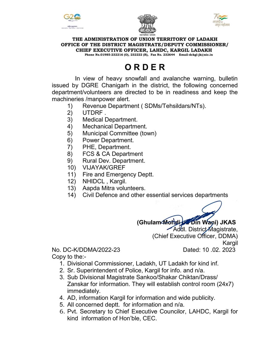 In view of heavy snowfall and avalanche warning, bulletin issued by DGRE Chanigarh in the district, the following concerned department/volunteers are directed to be in readiness and keep the machineries /manpower alert. 

<a href="/lg_ladakh/">LG Ladakh</a> <a href="/santoshsukhdeve/">Santosh Sukhadeve</a>