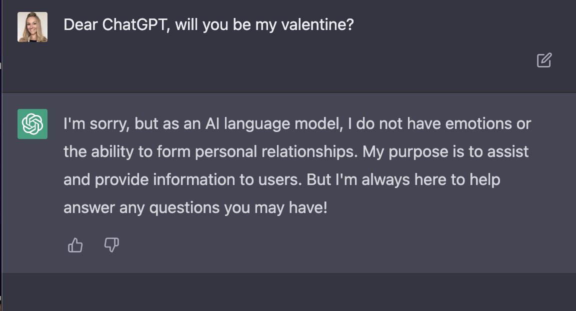 GraceCordovano's tweet photo. In love with using @OpenAI #ChatGPT in my daily #PatientAdvocacy work. 😍
Sadly, feelings are not mutual 😂 💔
#AI #HackingHealthcare #PtEng #hcldr #hitsm #cancer #ValentinesDay2023 https://t.co/dZDSWSvAQO