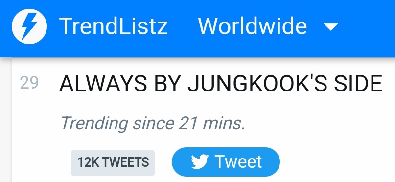 Worldwide Trends!!!

#29. Always by Jungkook's Side
#1YearWithStayAlive <a href="/BTS_twt/">방탄소년단</a> 

Keep tweeting!!! Let's go higher!!!