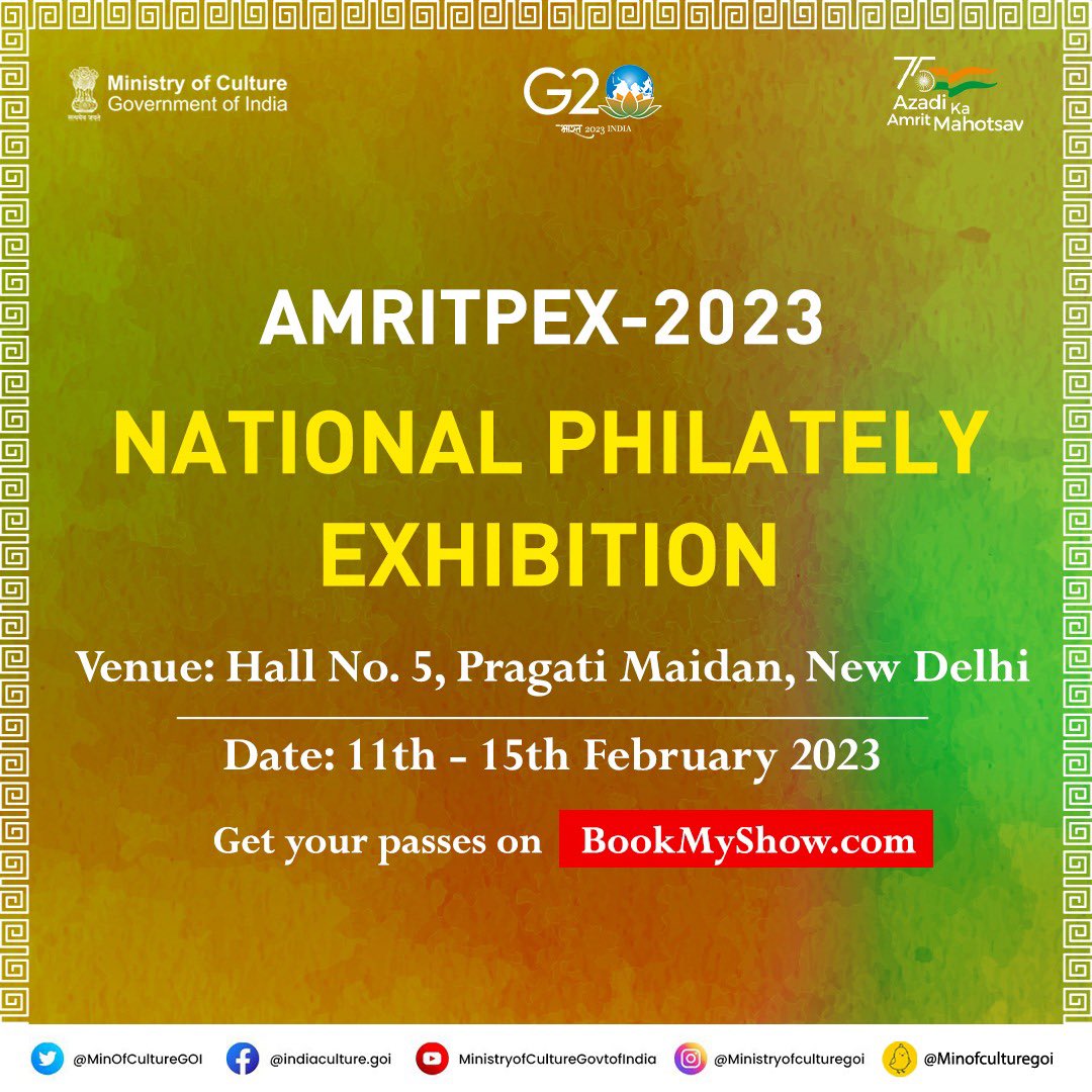 MinOfCultureGoI's tweet photo. From the cultural extravaganza of #RashtriyaSanskritiMahotsav to the National Philatelic Exhibition #Amritpex and more, here’s a list of exciting events for you to check out all over the country this weekend.

#AmritMahotsav

(1/2) https://t.co/adUwbolqn6