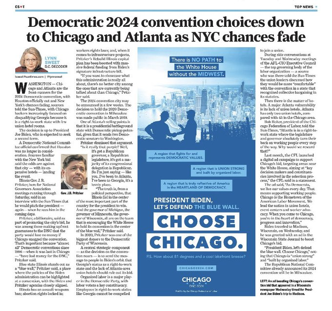 chasbottom's tweet photo. Gov #JBPritzker & #LynnSweet of the @Suntimes , #DNC's rag sheet, tout #Chocago for the #DNC Convention. There are plenty of vacant venues & hotel rooms, they'll have to bring their own police tho. Most have quit or retired. https://t.co/VJsyvxZ26B