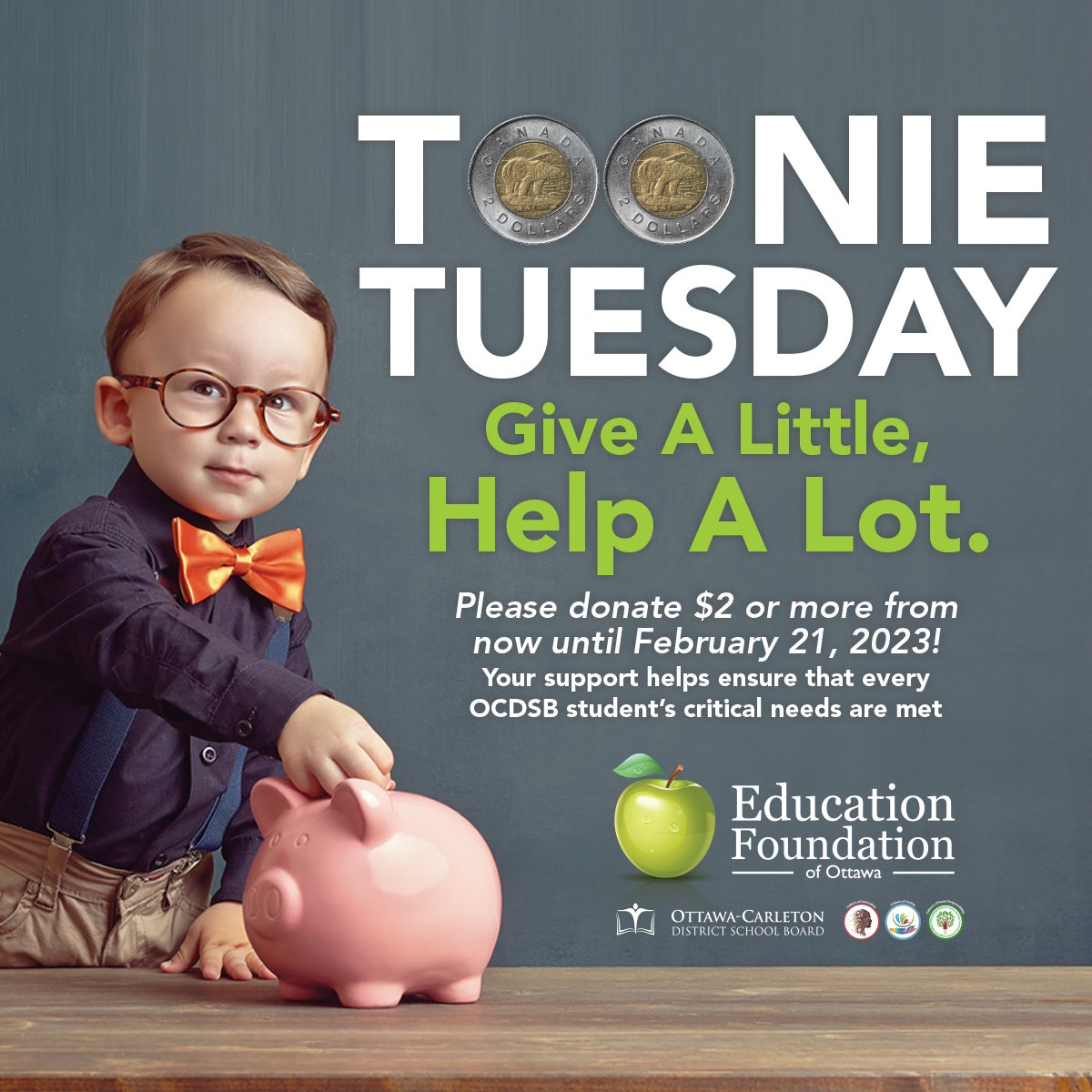 How can you support Toonie Tuesday this year?

✅ Send $2 or more to school with your child 
✅ Donate through your School Cash Online account
✅ Donate online 

Learn more about how your support for Toonie Tuesday helps students: ow.ly/Pn2z50MNi89