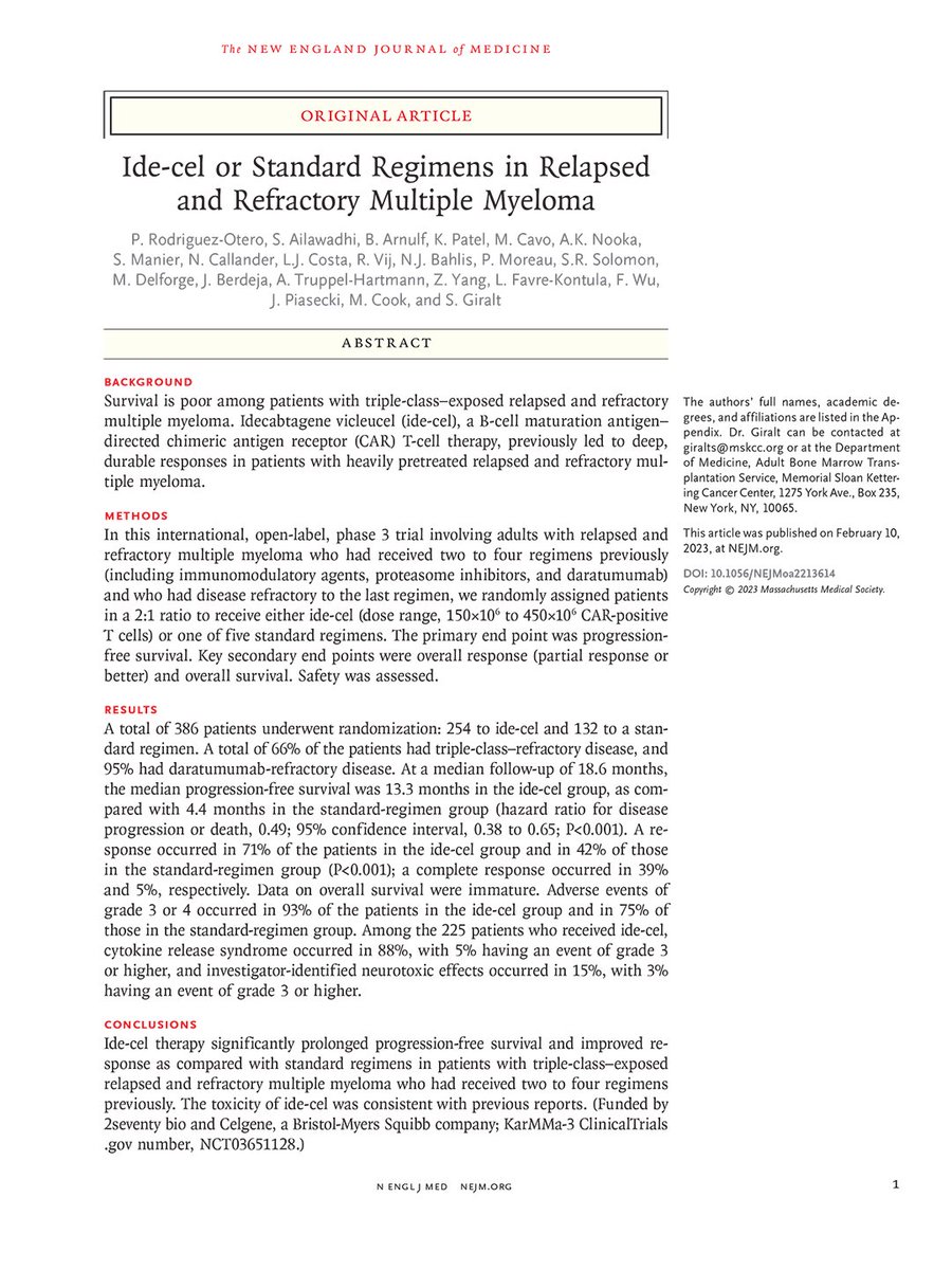 NEJM's tweet photo. A phase 3 trial of BCMA-specific CAR T cells in relapsed and refractory myeloma showed an advantage over standard therapy (progression-free survival, 13.3 vs. 4.4 months); 39% of patients in the ide-cel group had a complete response. https://t.co/i0BaknXtNB

#CART23 https://t.co/QLs0x6igNg