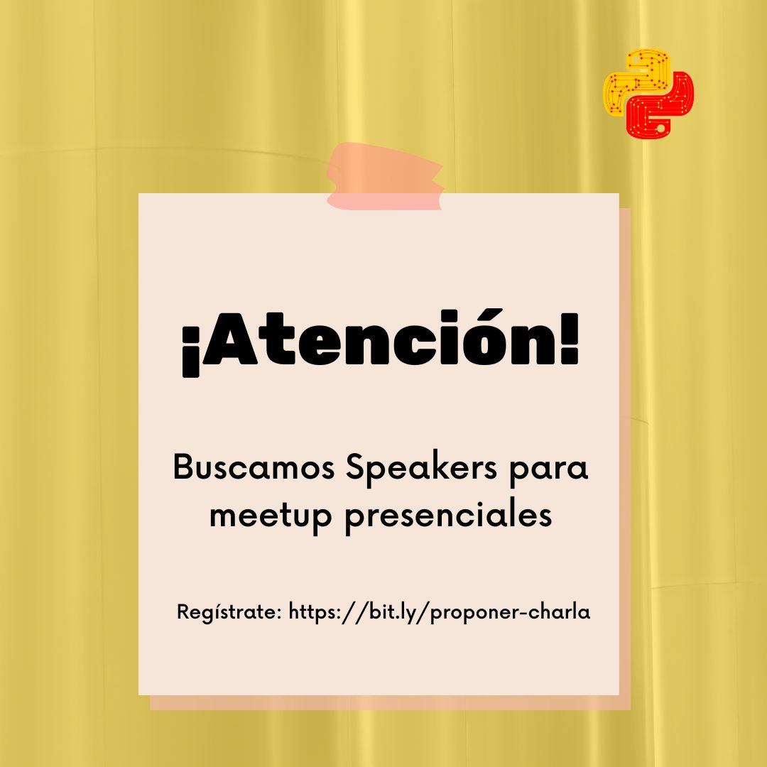 pythonbogota's tweet image. ¿Quieres compartir tus conocimientos con la comunidad de Python Bogotá? 
Te invitamos a que participes como speaker/ponente para el próximo meetup.
Las charlas suelen durar 40 a 50 minutos. El tema que elijas para la charla es libre.
Regístrate: bit.ly/proponer-charla