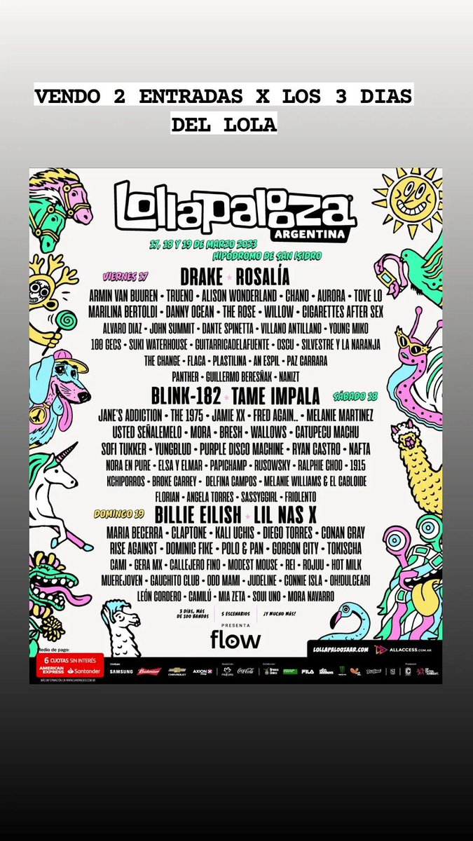 nicogarciafer's tweet photo. Vendo 2 entradas para el lollapalooza . Son para los 3 días #lollapalooza #3dayspass https://t.co/rEwAyUlpRb