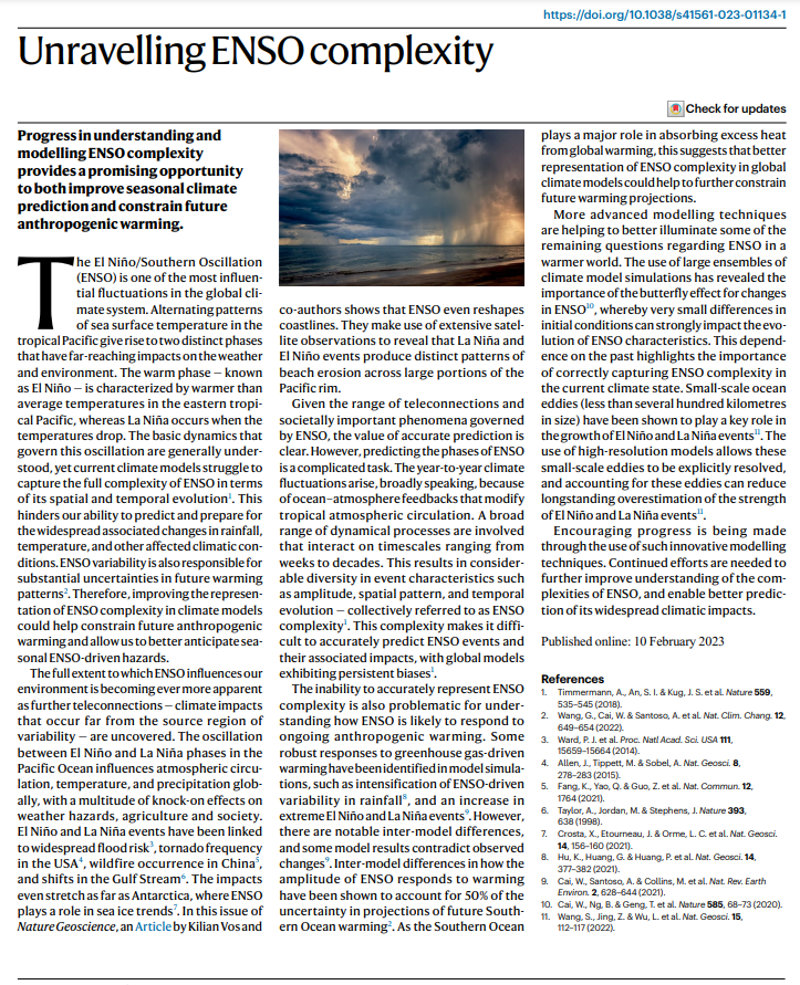 February editorial: Unravelling ENSO complexity - on progress in understanding ENSO spatial and temporal evolution

nature.com/articles/s4156…