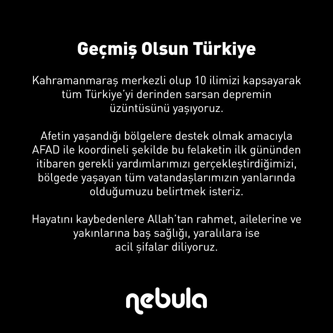 nebulabilisim's tweet photo. Ülkemizde yaşanan depremin açtığı yıkımları derin üzüntüyle takip ediyor, felaketin ilk gününden itibaren afet bölgesinde yaşayan tüm vatandaşlarımızın yanında duruyoruz. https://t.co/lCiLO2Ejvd