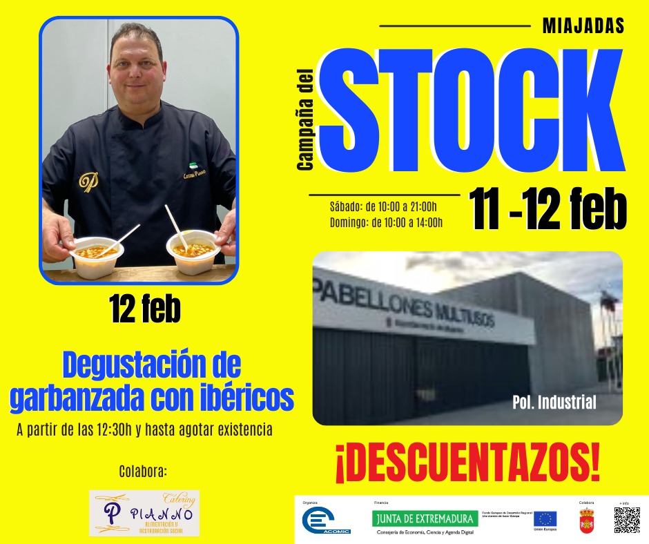 AcomicM's tweet photo. Campaña del % #STOCK % #Miajadas. 11 y 12 de febrero. 

👉DESCUENTAZOS increíbles 🙂
👉Sorteo de premios en 🛍️
👉Castillo hinchable

💣 #Degustación de Garbanzada con ibéricos, el día 12  a las 12:30h, aprox, y hasta agotar existencias, con la colaboración de Cátering Pianno https://t.co/auUWIrNM6E