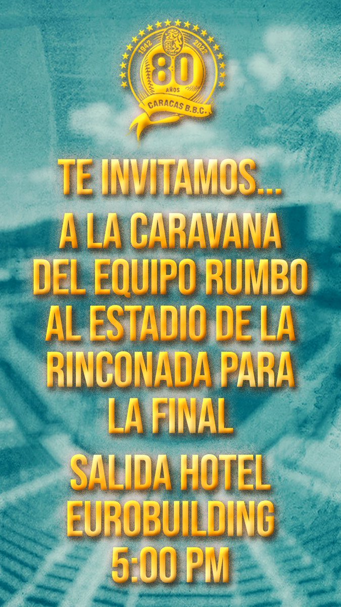 🚨¡Atención Venezuela! 🚨

Acompañanos en nuestra caravana de cara a la Gran Final de la Serie del Caribe en el Estadio Monumental de Caracas "Simón Bolívar".

Punto de referencia: Hotel Eurobuilding a las 5:00 pm 🤩🦁

Recuerda: Todos juntos ¡SOMOS VENEZUELA! 🇻🇪🔥