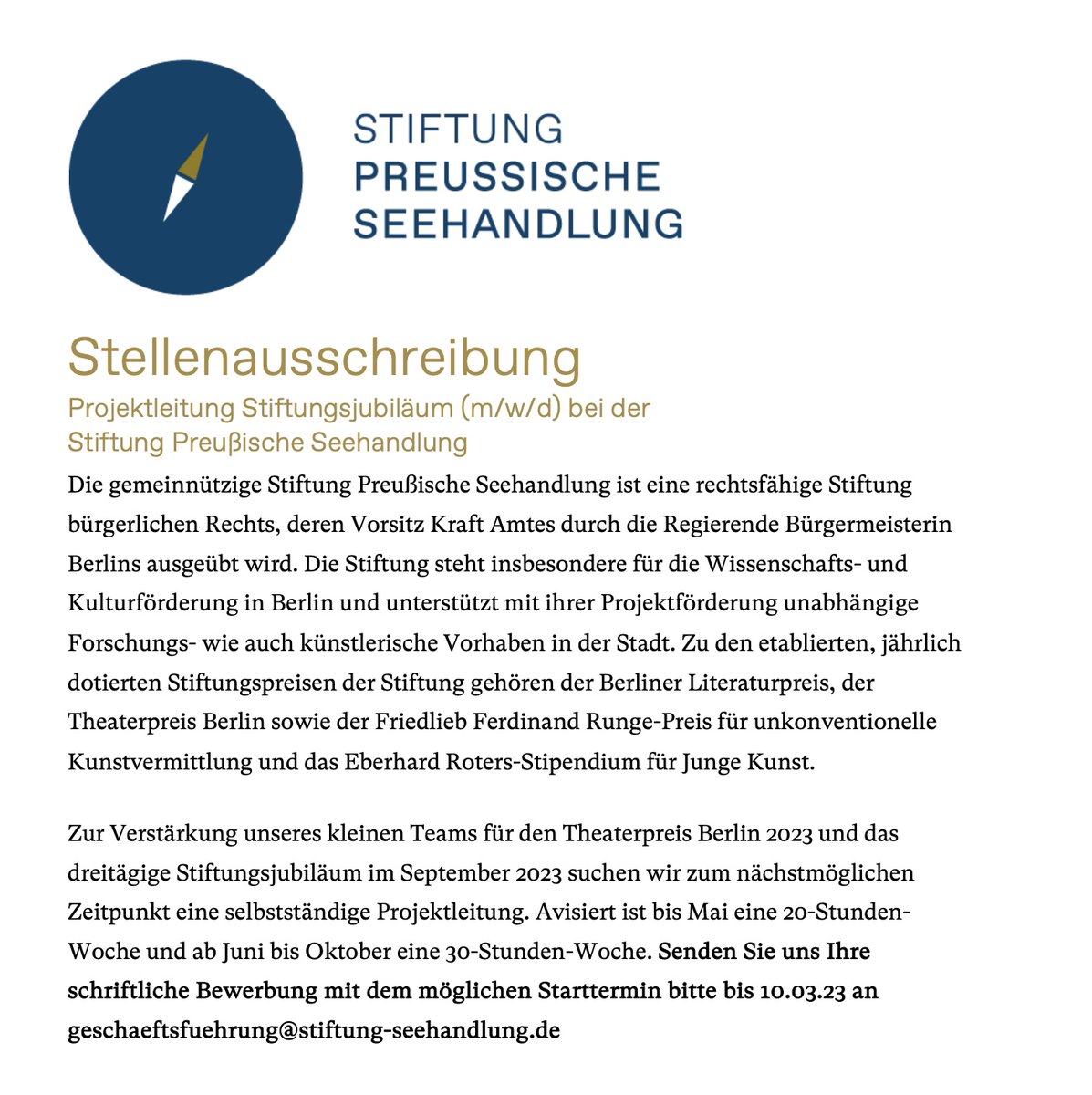 tweet_kul's tweet photo. #Stiftung Preußische Seehandlung sucht #Projektleitung Stiftungsjubiläum (m/w/d) in #Berlin, Frist: 10.03.2023
https://t.co/VdBOIFFtsa

#Job #Stellenanzeige #Kultur #Kulturjobs #Veranstaltungsmanagement #Kommunikation #Kulturmanagement @seehandlung https://t.co/Y2xkYV0VJz