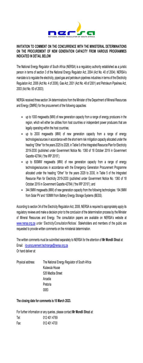 Invitation to comment on the concurrence with the Ministerial Determinations on the Procurement of New Generation Capacity from various programmes.