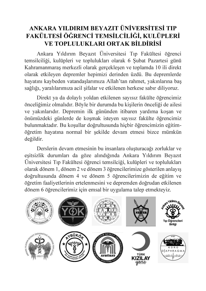 AybuTFT's tweet photo. Ankara Yıldırım Beyazıt Üniversitesi Tıp Fakültesi Öğrenci Temsilciliği, Kulüpleri ve Toplulukları ortak bildirisidir.

@aybutip 
@ybuankara 
@profdriaydinli https://t.co/NWMwCVORTD
