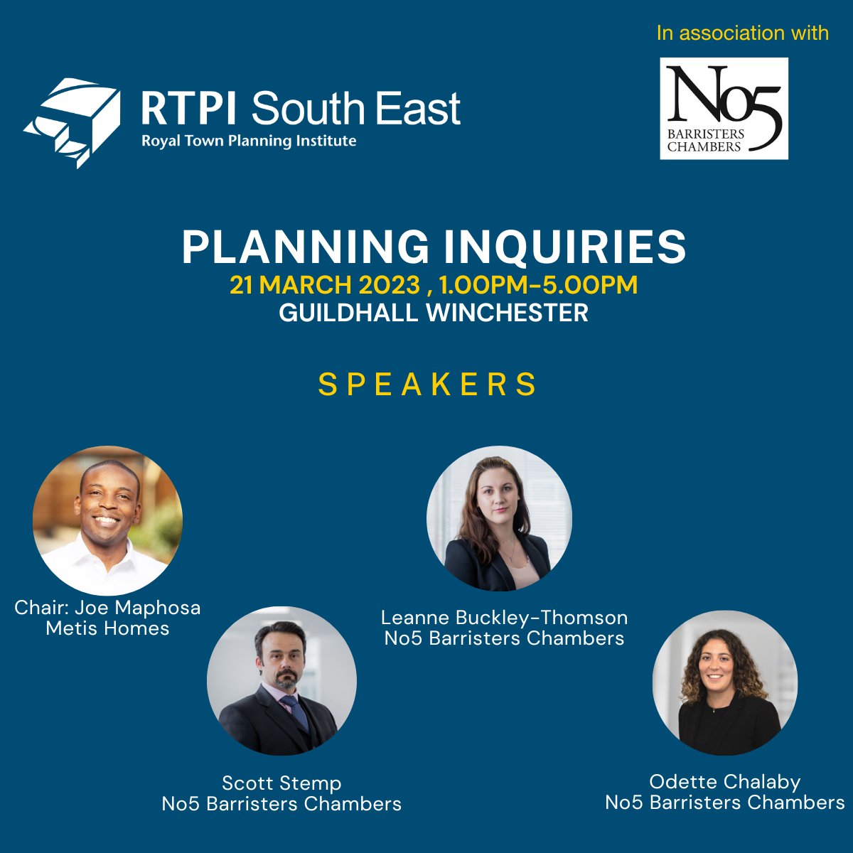 Planning Inquiries on 21st March at Winchester Guildhall in association with @No5Chambers. Speakers include <a href="/scottstemp/">Scott Stemp</a> <a href="/Mrs_BT/">Mrs BT</a> &amp; Odette Chalaby @No5Chambers, chaired by Joe Maphosa <a href="/MetisHomes/">Metis Homes</a>. 
Book here rtpi.org.uk/events/2023/ma… 
#planning #legalupdate #mockinquiry