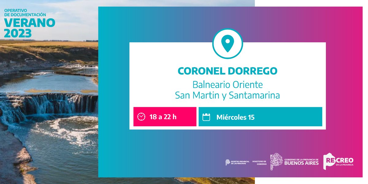 registropba's tweet image. 🌅 OPERATIVOS DE DOCUMENTACIÓN en #CoronelDorrego

📍 El miércoles 15 te esperamos en Balneario Oriente - San Martin y Santamarina

↙️⬇️↘️ Conocé qué trámites podés realizar con tu familia 📝
