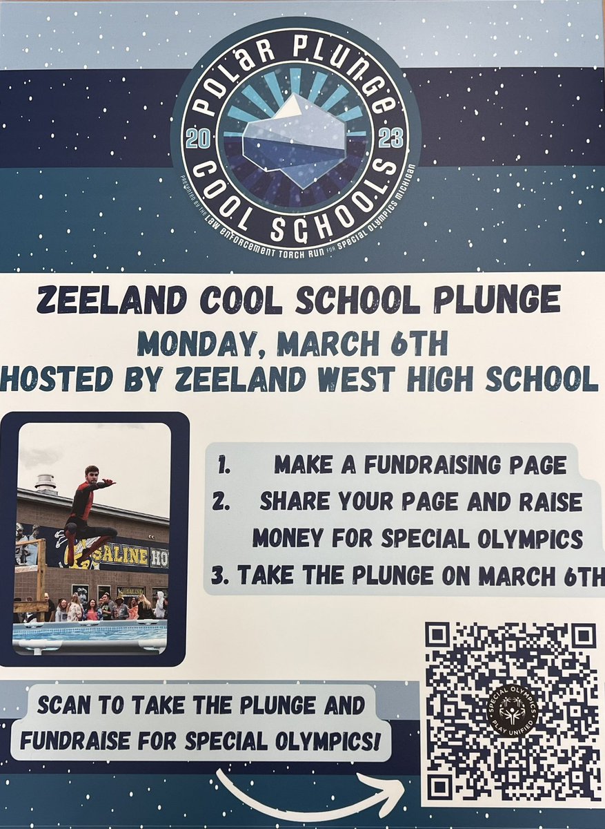 zeelandlinks's tweet photo. Special Olympics Michigan Polar Plunge- SOMI will be onsite hosting a fundraising polar plunge consisting of ZE/ZW students and staff, as well as some other school districts during the advisory/lunch period.

https://t.co/zMRJaw6GLA https://t.co/EP41MC71VH