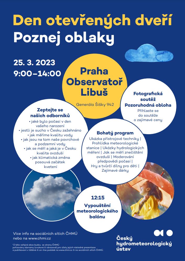 CHMUCHMI's tweet photo. 25. 3. se koná v Praze-Libuši den otevřených dveří. Vedle spousty her, informací a atrakcí pro děti i dospělé se můžete těšit na start balonu, atraktivní družicové, radarové a aerologické oddělení nebo na moderování počasí či letadlo https://t.co/LVpcBWlwK6
#chmu #pocasi #oblaky https://t.co/8qZdrAz8bn