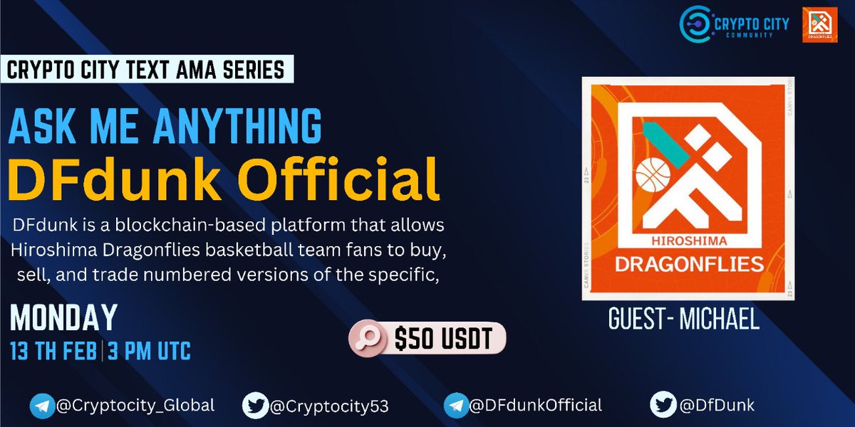🎙️We're pleased to announce our next Special #TEXT AMA with @DfDunk 13th February at 3:00 PM UTC

🏠Venue: t.me/Cryptocity_Glo…

💰Reward - $50 USDT

🚨Rules:

1️⃣Follow <a href="/CryptoCity53/">Crypto City</a> &amp; @DfDunk
2⃣Like &amp;  RT
3️⃣Comment Your Question.