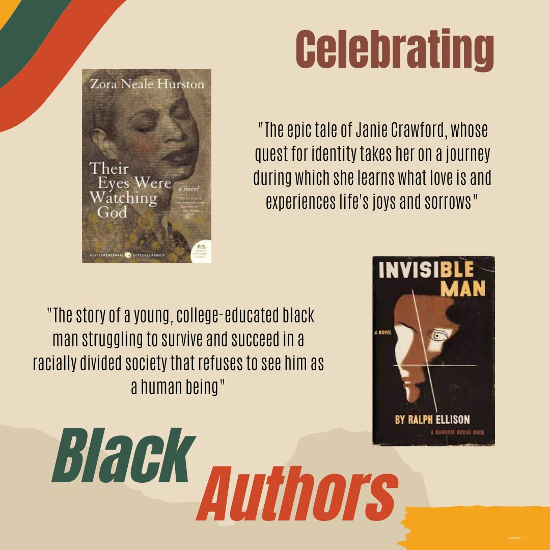Join the English department in celebrating and recognizing black authors during Black History Month! The first two stories we are highlighting are 'Their Eyes Were Watching God' by Zora Neale Hurston and 'Invisible Man' by Ralph Emerson. Share your favorite stories below!