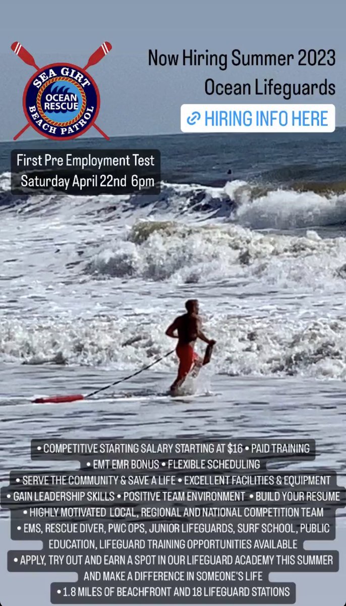 SGLifeguards's tweet photo. Now Hiring for 2023. Goto https://t.co/3oyBkCYQng and click 2023 applications for pre employment info and applications.  Learn how to save a life and make a difference. Click the picture attached for info as well. #seagirtbeachpatrol #seagirt https://t.co/mtuQCs3YLd