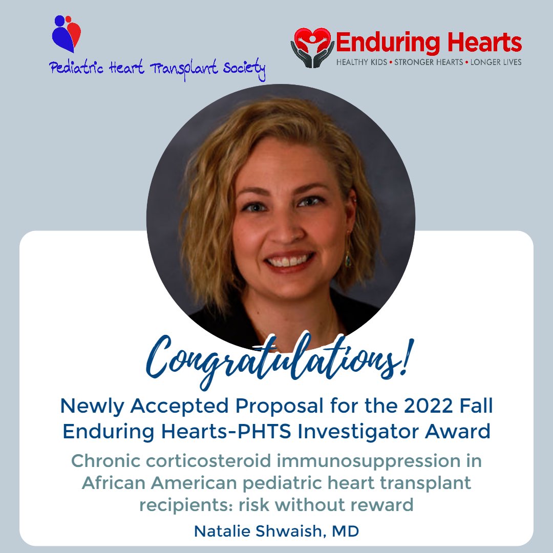 PHTSociety's tweet photo. Congratulations to Dr. Natalie Shwaish on her newly accepted proposal for the 2022 Fall Enduring Hearts-PHTS Investigator Award! @enduringhearts #phtsociety #enduringhearts https://t.co/mGSYplDLUO
