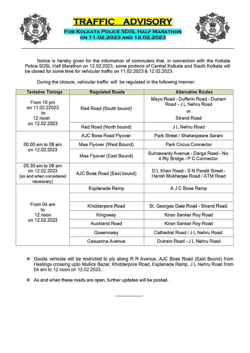 Traffic advisory icw Kolkata Police SDSL Half Marathon on 11.02.2023 &amp; 12.02.2023.
