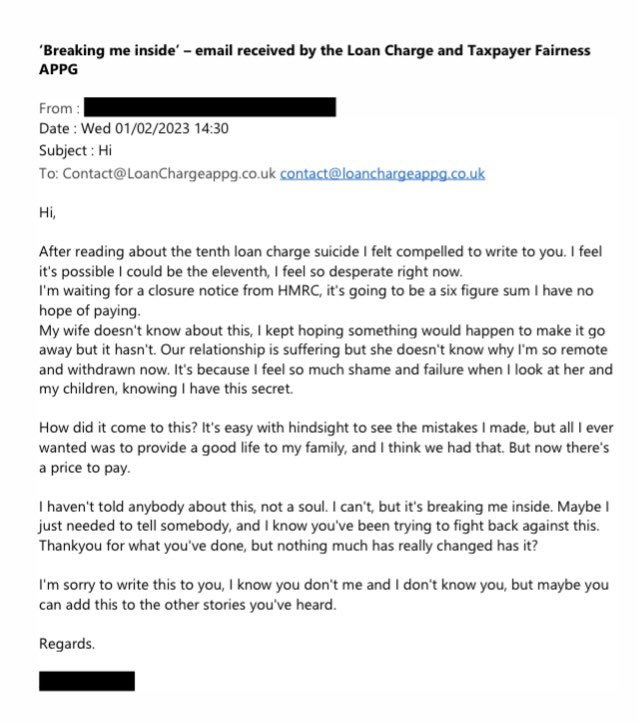 Since <a href="/HMRCgovuk/">HM Revenue & Customs</a> announced the 10th #LoanCharge suicide, we have received a number of emails from distressed individuals, some reporting suicidal thoughts. We’ve been given permission to share this one.

A resolution is desperately needed. 

Please, no more #LoanChargeSuicides.