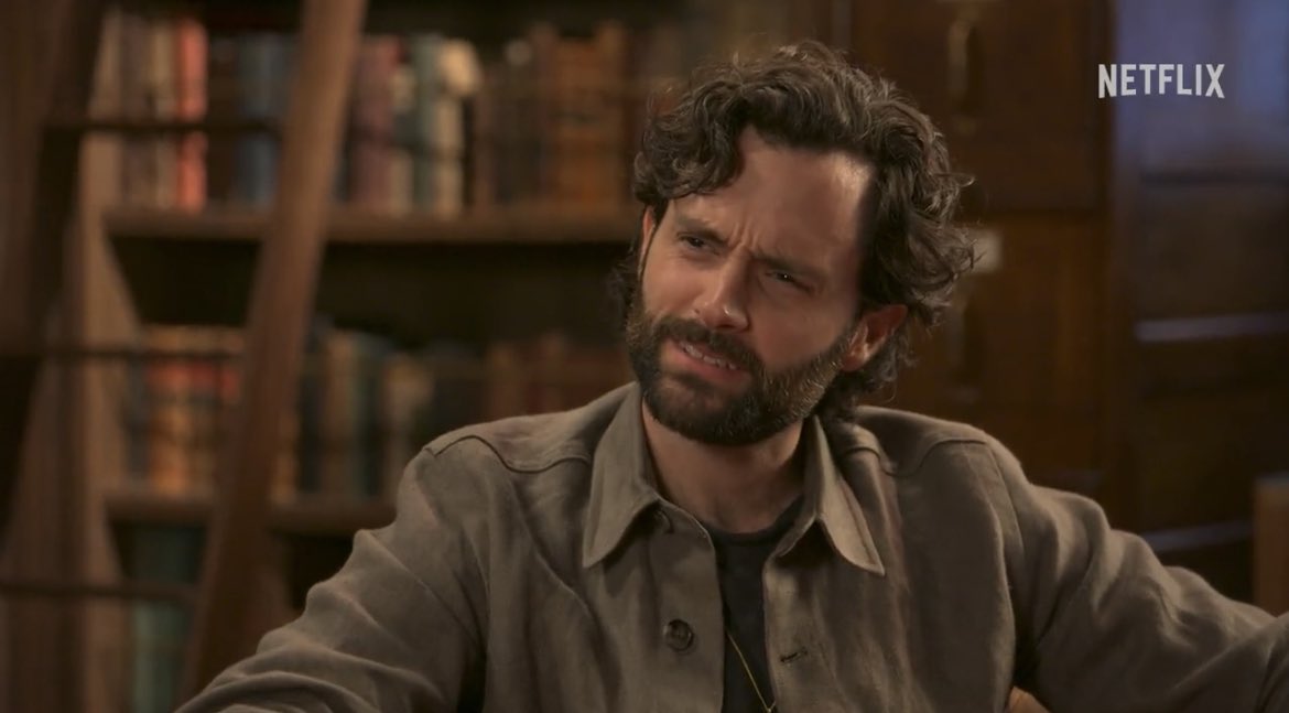 MediumSizeMeech's tweet photo. If Pennjamin Badgley didn’t want me to be attracted to Joe Goldberg, then WHY would be make him a sensitive man with a beard who reads who will also travel the earth to find you??? Sorry, that’s romance https://t.co/B45sHp9hkS