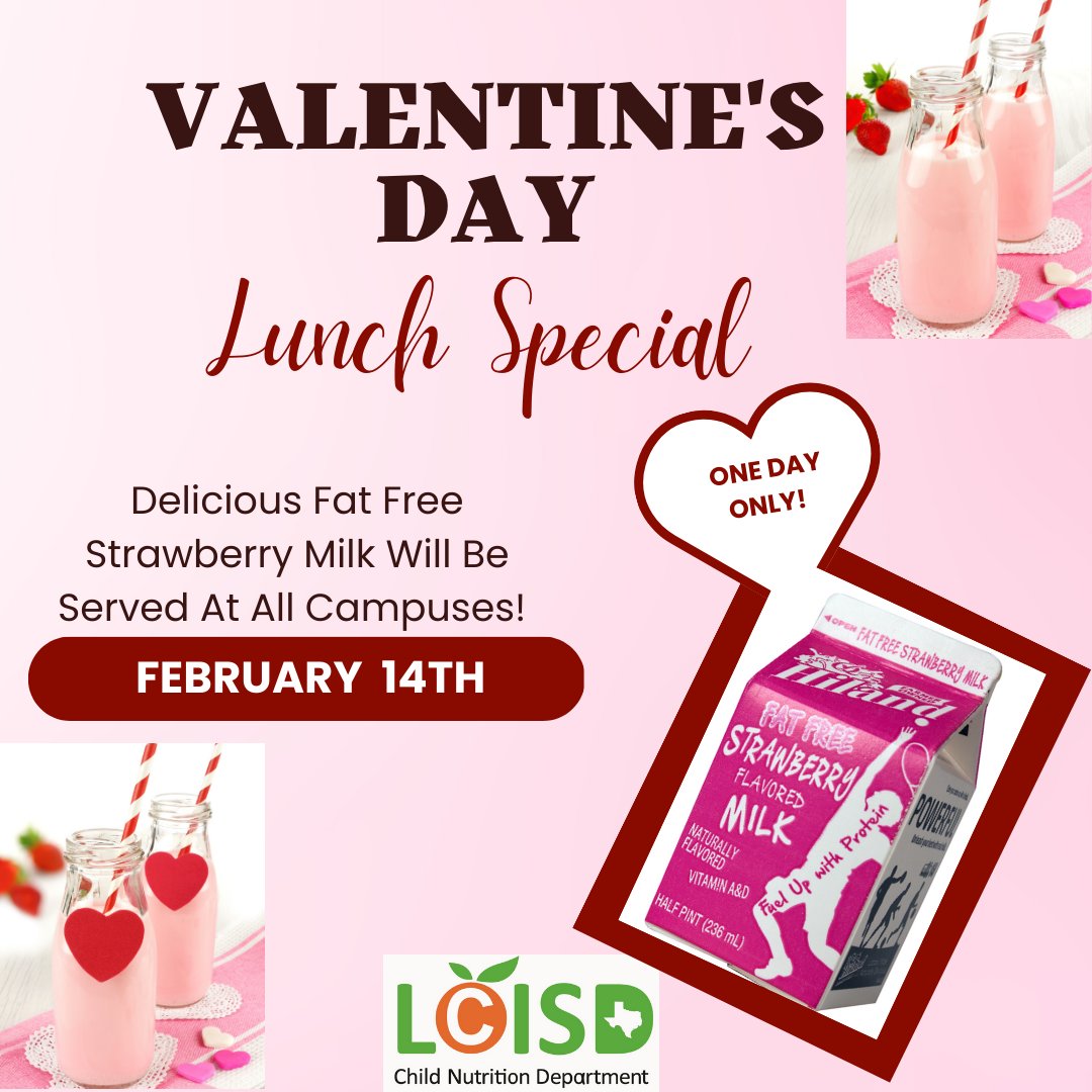 LCISD_CN's tweet photo. Spread the love with every sip of our Valentine's Day Strawberry Milk 💕#StrawberryGoodness #LCISDwefeedkids https://t.co/RzH2R2ZvVX
