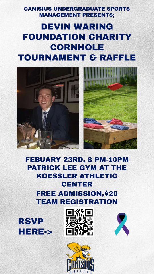 chrisfiorellaa's tweet photo. The Canisius sport management program is excited to announce we will be hosting a corn hole tournament in an effort to raise money and mental health awareness. All proceeds will be donated to the Devin Waring Foundation. Register at https://t.co/tL3IHcqDcJ @CanisiusSPMT @DrShawnO https://t.co/zKBWs2LEvK