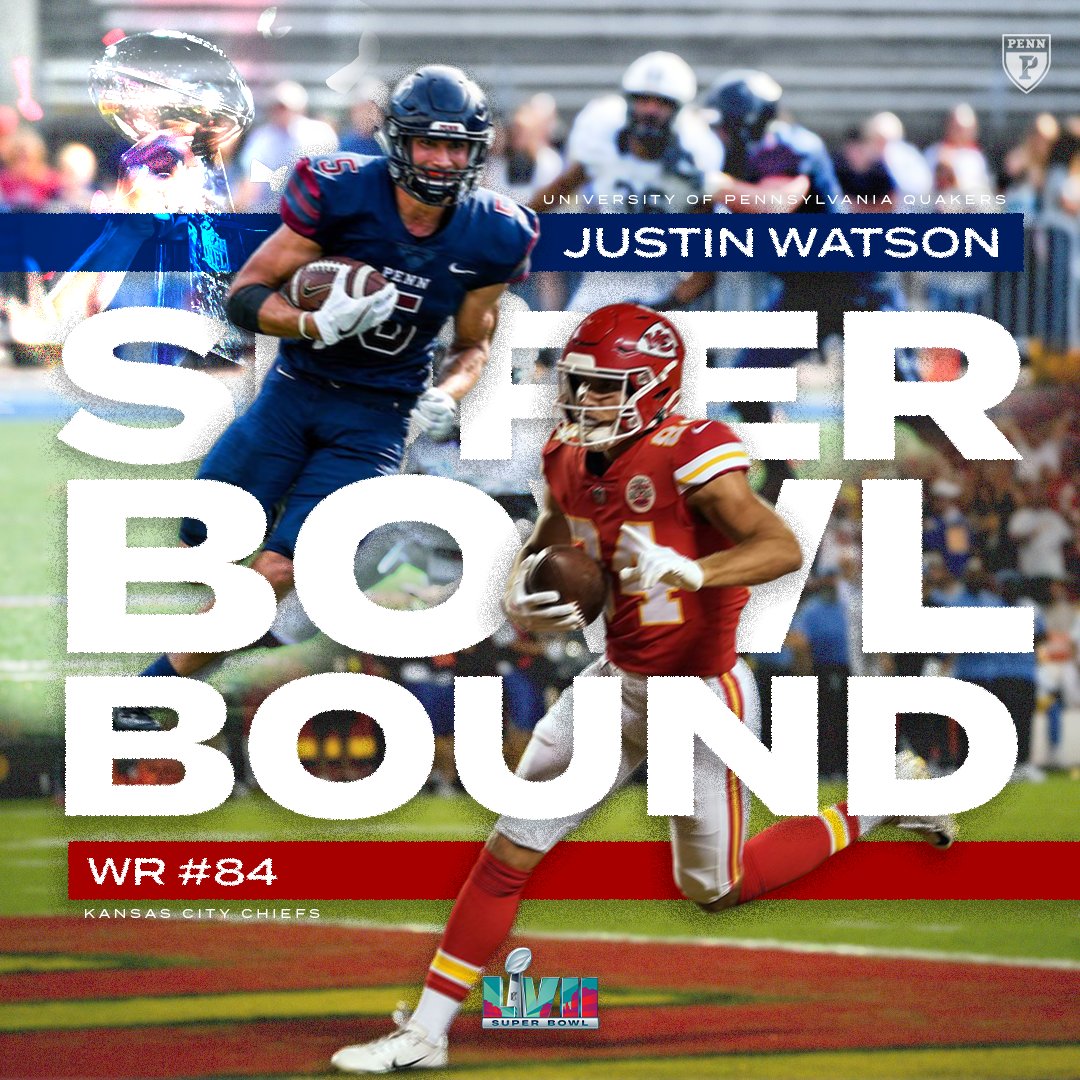 Penn Football (@pennfb) on Twitter photo SUPER BOWL BOUND! 🏈🙌
Our all-time leading receiver is heading to #SuperBowlLVII with the <a href="/Chiefs/">Kansas City Chiefs</a> on Sunday! Join us in wishing luck to <a href="/jwat05/">Justin Watson</a> in Arizona!
#PennPros x #BEGREAT x #FightOnPenn 🔴🔵 SUPER BOWL BOUND! 🏈🙌
Our all-time leading receiver is heading to #SuperBowlLVII with the <a href="/Chiefs/">Kansas City Chiefs</a> on Sunday! Join us in wishing luck to <a href="/jwat05/">Justin Watson</a> in Arizona!
#PennPros x #BEGREAT x #FightOnPenn 🔴🔵