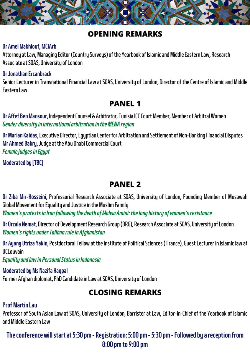 YearbookLaw's tweet photo. Join us at SOAS on 8 March for our conference: "International Women’s Day 2023: Embracing Equity in the Middle East and Asia".

Opening remarks: Dr Amel Makhlouf &amp; Dr Jonathan Ercanbrack. Closing remarks: Prof Martin Lau. 
Register at: https://t.co/3OMKxI8vNQ https://t.co/wlIGOeXZRh