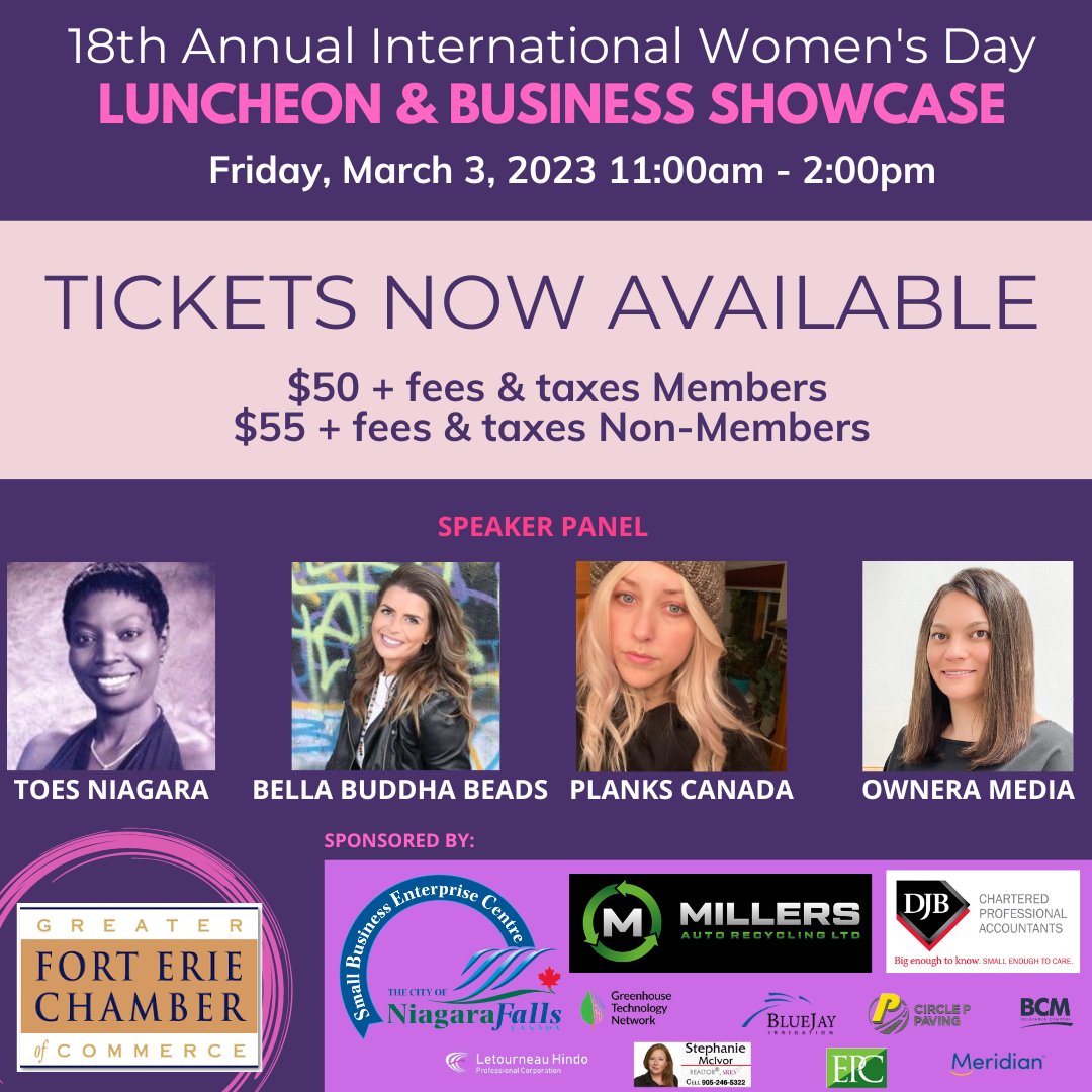 NFChamber's tweet photo. Join the Fort Erie Chamber of Commerce for our Annual International Women's Day event hosted by the Buffalo Canoe Club! Featuring homegrown success stories from women entrepreneurs who have made their mark in our community. 

Reserve your spot here: https://t.co/9DKzfyM5nP https://t.co/98W8g9UeoH