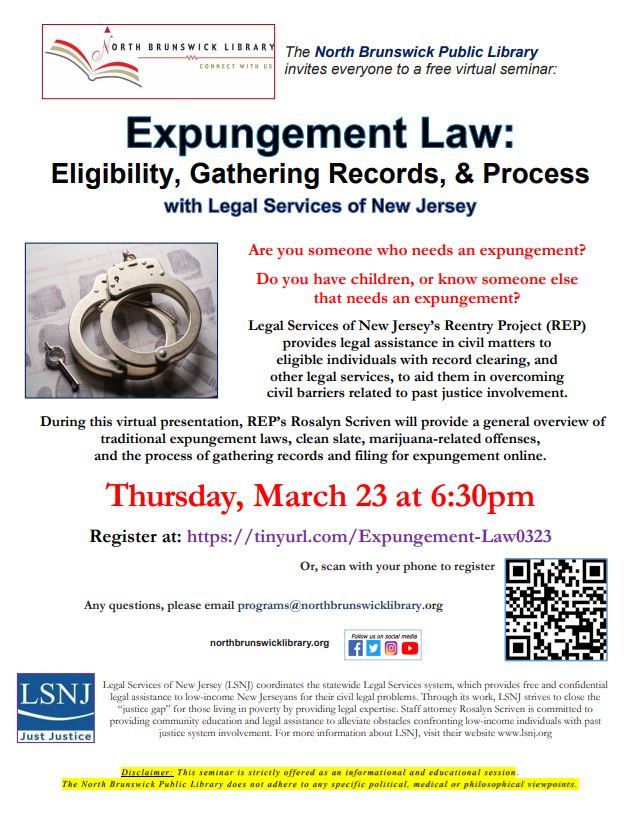 On 03/23 at 6:30PM, Join @LSNJ for a virtual overview of traditional #expungement laws, clean slate, marijuana-related offenses, & the process of gathering records and filing for expungement online. Register at: tinyurl.com/Expungement-La… @ACLUNJ @NNJLS @NAACP_LDF