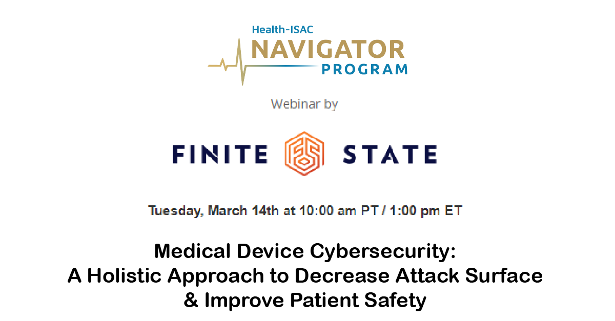HealthISAC's tweet photo. TODAY AT 1 PM EST! Medical Device Cybersecurity: A Holistic Approach to Decrease Attack Surface &amp; Improve Patient Safety webinar by @FiniteStateInc  https://t.co/1LrCAFeNoV #Cybersecurity #Softwaresupplychain #IoT #OTCyber #FiniteState #DeviceAuthority https://t.co/wAONEucz8d