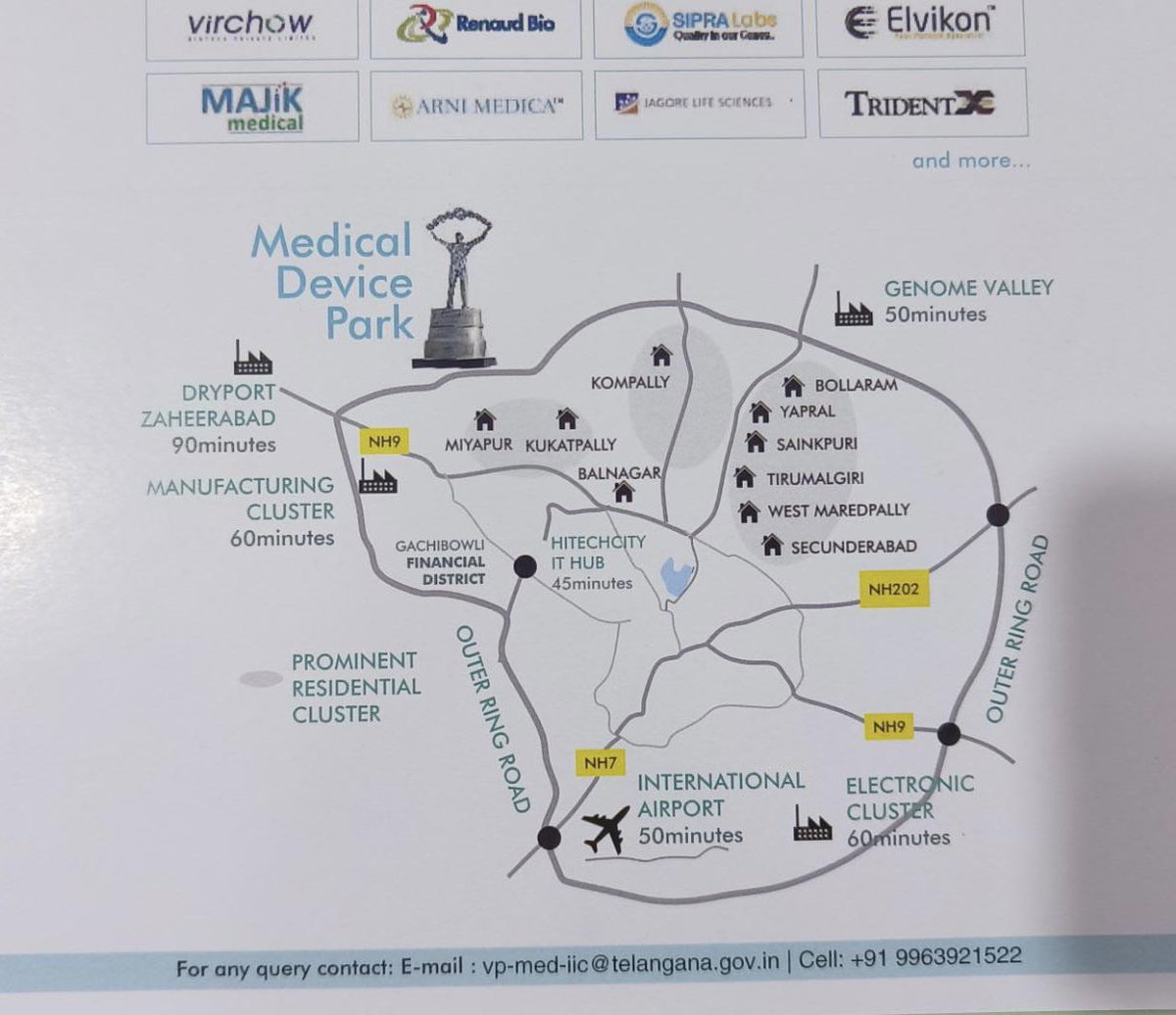 SumitaDawra's tweet photo. Locational advantage of Medical Devices Park #Sultanpur #Telangana is apparent. Connected to Outer Ring Road, in proximity of Intl Airport, NH network, logistics warehouse, skilled talent pool @NIPERHyd @IITHyderabad &amp; well estb supply chains. @Logistics_MoCI @MDP_telangana https://t.co/eLeBAowrDC