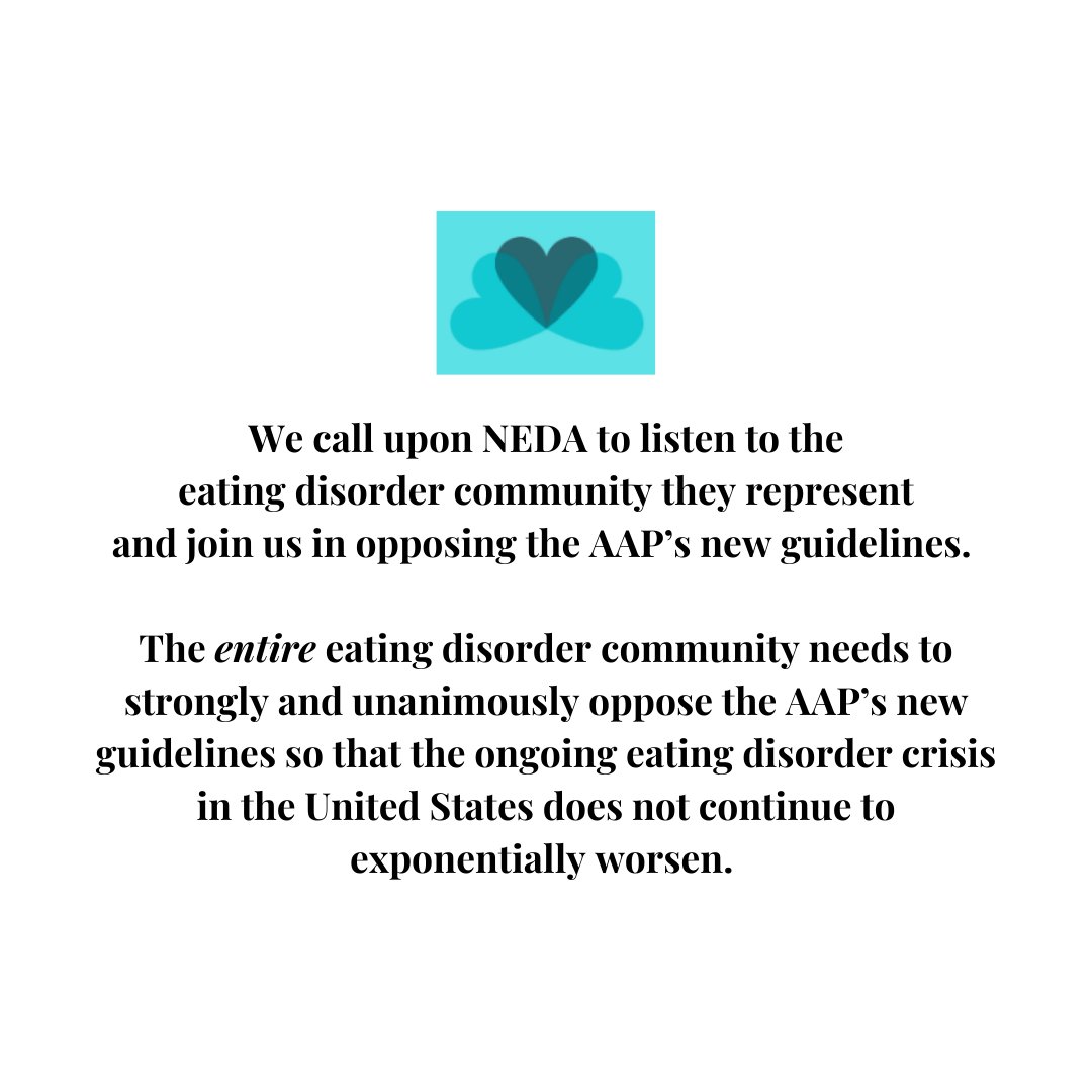 EDFColorado's tweet image. As a member of the Collaborative of Eating Disorders Organizations, we call upon @NEDAstaff to listen to the eating disorder community they represent and join us in opposing the @AmerAcadPeds new guidelines.

#DoBetterNEDA #AAPguidelines #EatingDisordersAwareness