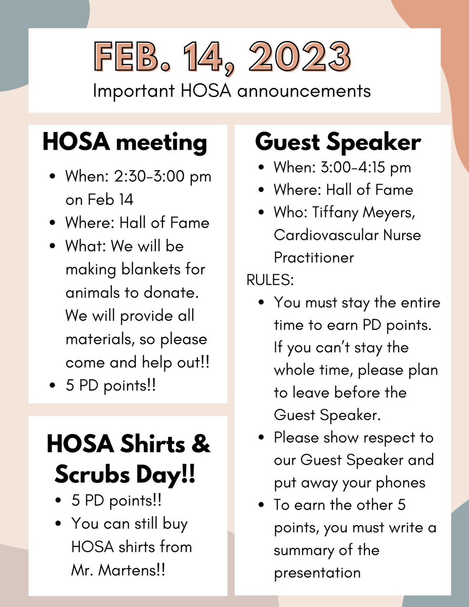 BsshsHosa's tweet photo. HOSA February 14 Events! Please come and join us! We would really appreciate it! Have a great day! Go Chiefs! https://t.co/9wGmzAuJBG