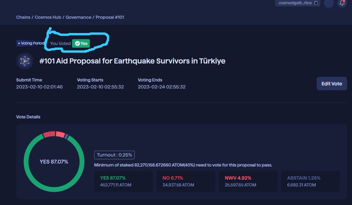 Görev tamam! #ATOM stake edenler Keplr'dan ya da kullandıkları diğer cüzdanlardan gidip, TÜRKİYE için 20K ATOM bağışını YES olarak oylasınlar!
