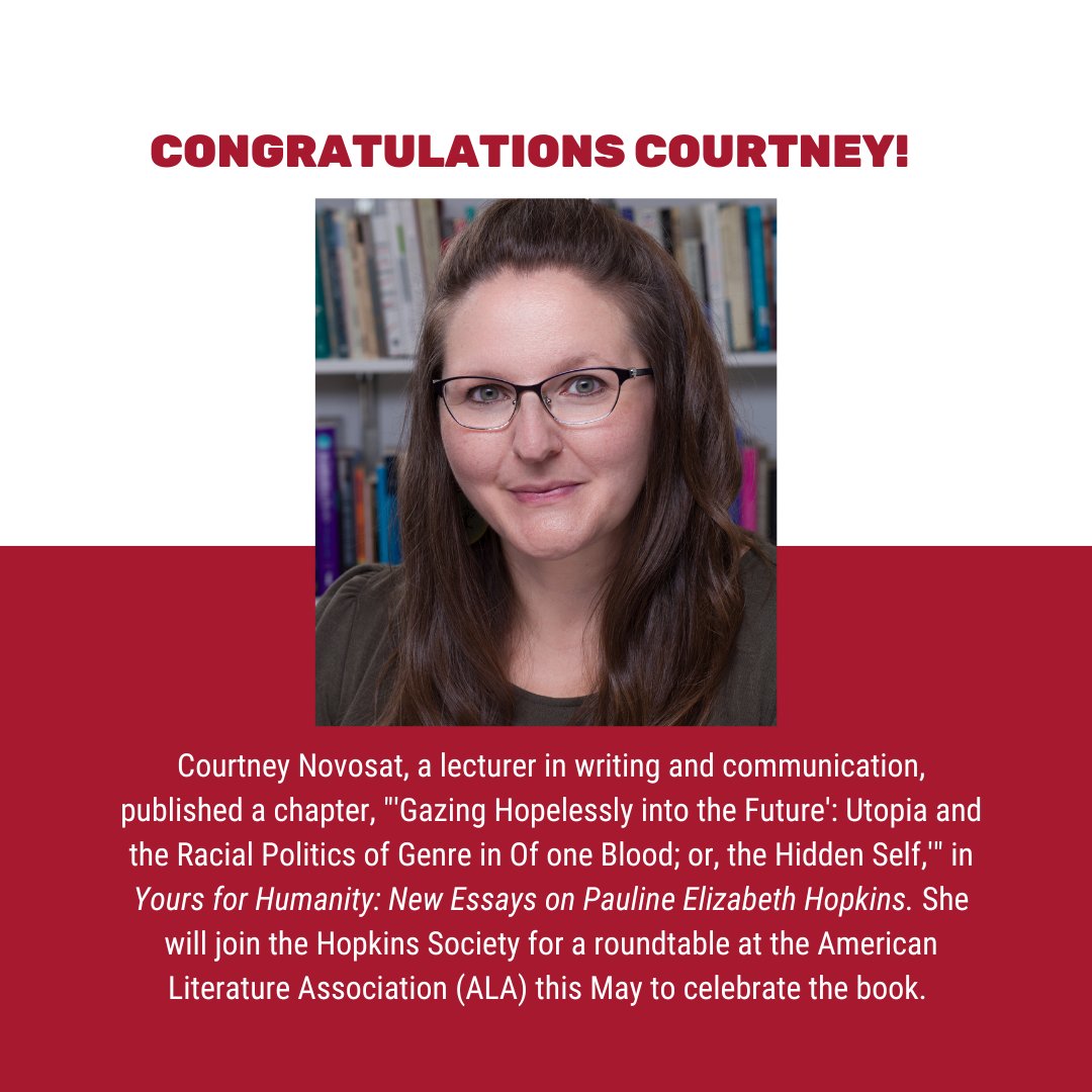Please join us in congratulating lecturer Courtney Novosat on her publication in Yours for Humanity: New Essays on Pauline Elizabeth Hopkins! For more information about the book: ugapress.org/book/978082036…