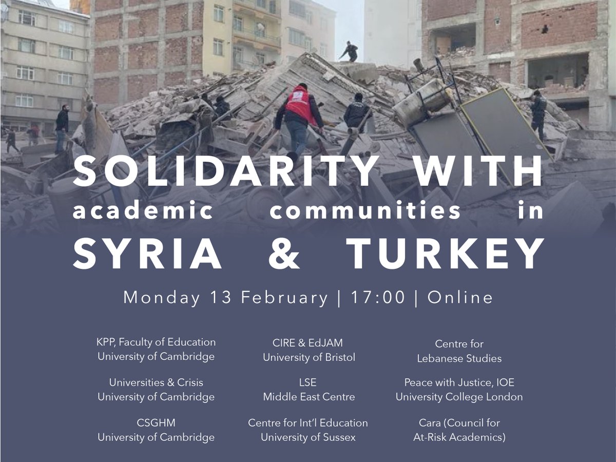 Faculty of Education, University of Cambridge (@camedfac) on Twitter photo 1/ The Kahramanmaras earthquake has devastated large parts of Turkey & NW Syria. On Mon, 13 Feb, 17:00GMT <a href="/KPPCam/">Knowledge, Power and Politics</a> <a href="/Cambridge_Uni/">Cambridge University</a> are hosting a panel of experts located in, or working with, affected communities. Hear about conditions & how to help. bit.ly/3lmYfAs. 🧵⬇ 1/ The Kahramanmaras earthquake has devastated large parts of Turkey & NW Syria. On Mon, 13 Feb, 17:00GMT <a href="/KPPCam/">Knowledge, Power and Politics</a> <a href="/Cambridge_Uni/">Cambridge University</a> are hosting a panel of experts located in, or working with, affected communities. Hear about conditions & how to help. bit.ly/3lmYfAs. 🧵⬇