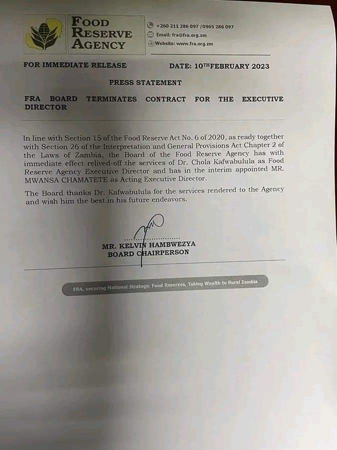 Mwebantu's tweet image. JUST IN: FRA EXECUTIVE DIRECTOR, DR CHOLA KAFWABULULA, FIRED. #Zambia