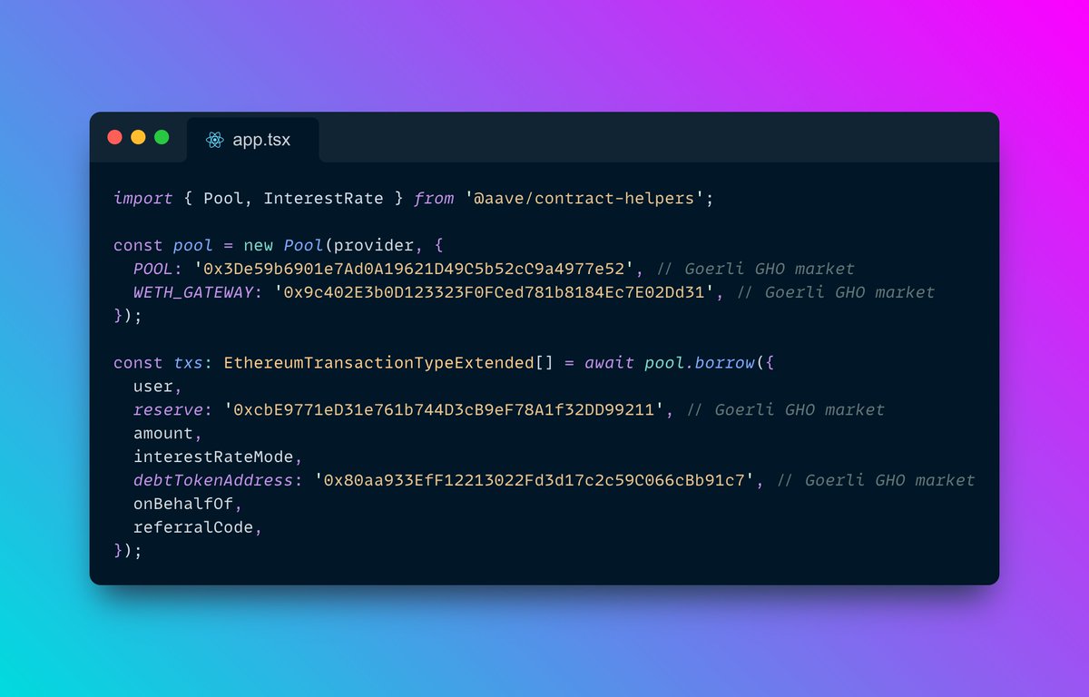 dabit3's tweet photo. DeFi developers - @GHOAave docs &amp; SDKs are live for building on Goerli Testnet 👻

- GHO &amp; Aave V3 Contracts &amp; Source Code
- GHO JavaScript SDK
- Learn GHO tutorial
- Integrate GHO tutorial

For example, you can mint GHO in as little as 14 lines of code:
https://t.co/t4t8IdjOXZ https://t.co/9ZjQeYfFyr