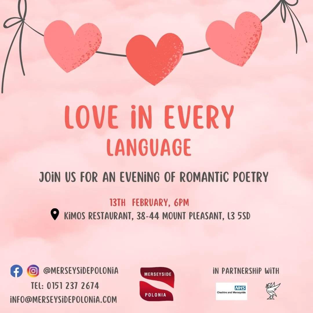 Come and be inspired by other cultures way of sharing love 💕

Join us for an evening of romantic #poetry 'Love in every language' - the common theme is #love. Love expressed in different languages

More info eventbrite.co.uk/e/love-in-ever…

#ValentinesDay2023 #polacywuk #merseyside