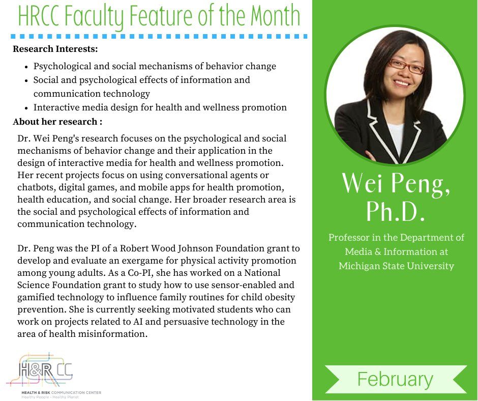 Happy February! This month, we're shining the spotlight on Dr. Wei Peng, Ph.D.  

Dr. Peng is a professor in the Department of Media & Information at Michigan State University. 
Read more here: shorturl.at/aABDJ 
#MichiganStateUniversity #facultyfeature #healthcommunication