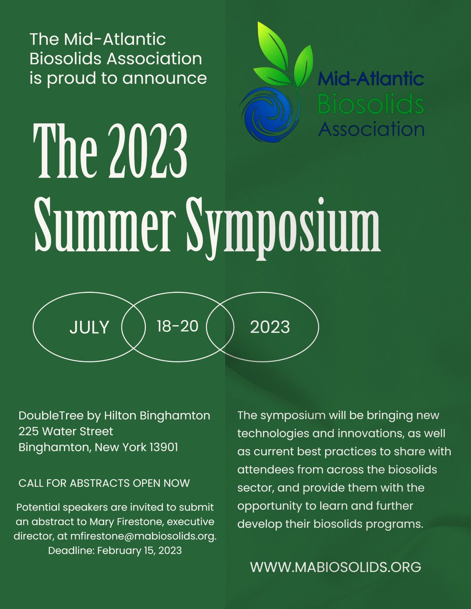 mabiosolids's tweet image. Deadline for abstracts is next Wednesday!  Make your hotel reservations today, and stay tuned for more information coming soon!

Visit shorturl.at/szBL1 for more information.

#maba23 #biosolids #callforabstracts #sustainability #community #opportunity #management #research