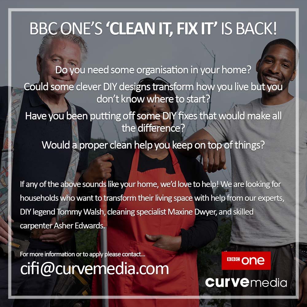 OfficialCastMe's tweet image. BBC One’s CLEAN IT, FIX IT are currently looking for HOUSEHOLDS AROUND #LONDON AND THE #SOUTHEAST📽️
Could clever #DIYdesigns transform your life? Would a proper #clean help you keep on top of things?
Email: cifi@curvemedia.com
#beontv #cleaninghacks #diyhacks #bbcone #tvcasting